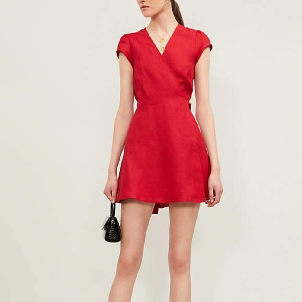Reformation Rodin Plunge V-Neck 100% Linen Wrap Mini Dress M Red - Picture 9 of 9